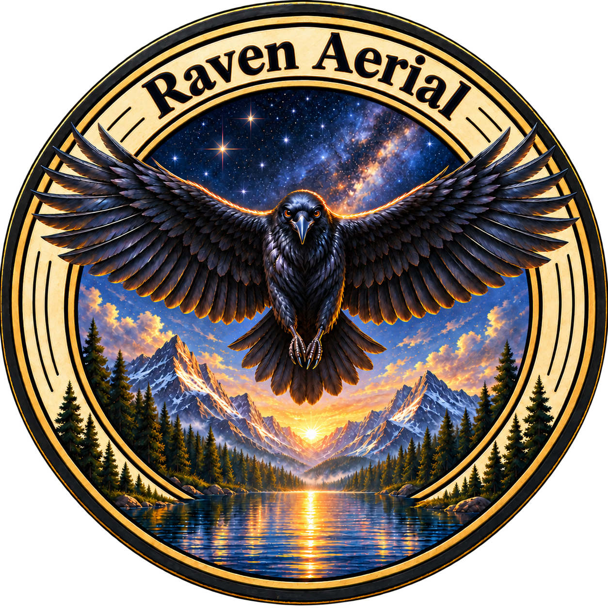 Raven Aerial — a raven above alpine mountains and a lake